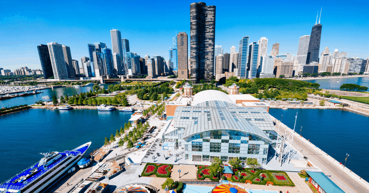 A view to Chicago city from the Centennial Wheel on Navy Pier. Image credit: ferrantraite/iStock