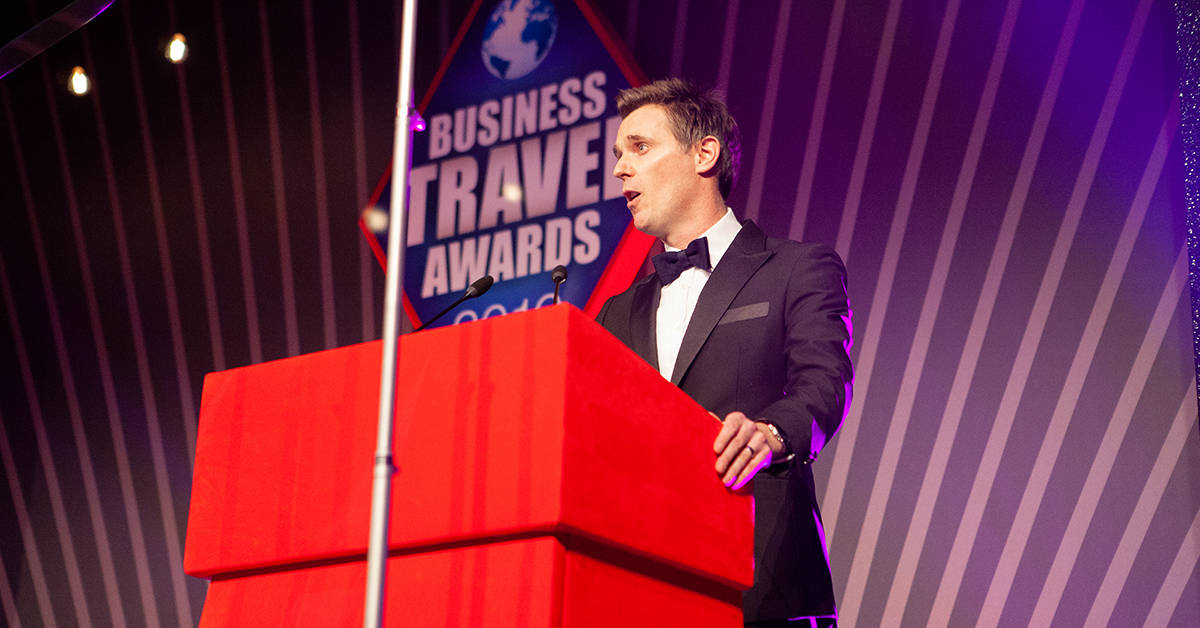 The BTA 2019 ceremony was hosted by Buying Business Travel editor Matthew Parsons. Image credit: BTA 2019