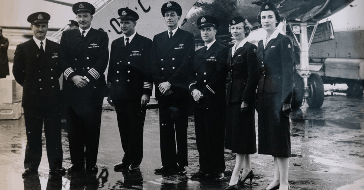 The crew of the first transatlantic jet engine flight. Image credit: British Airways