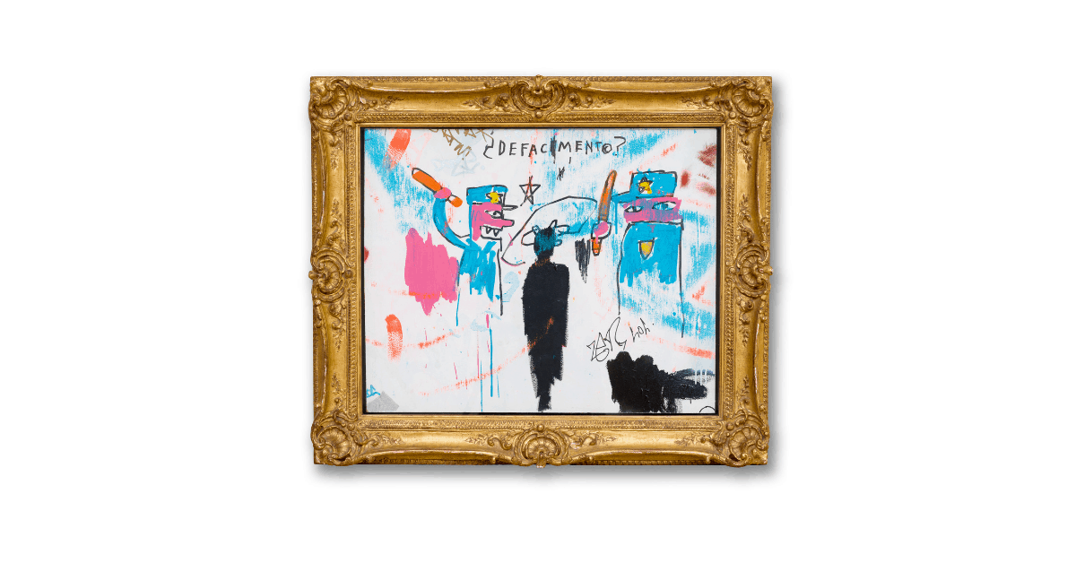 The Death of Michael Stewart, 1983 Acrylic and marker on sheet rock, 34 x 40 inches,  framed (86.4 x 101.6 cm) Collection of Nina Clemente, New York © Estate of Jean-Michel Basquiat. Licensed by Artestar, New York Photo: Allison Chipak © Solomon R. Guggenheim Foundation, 2018