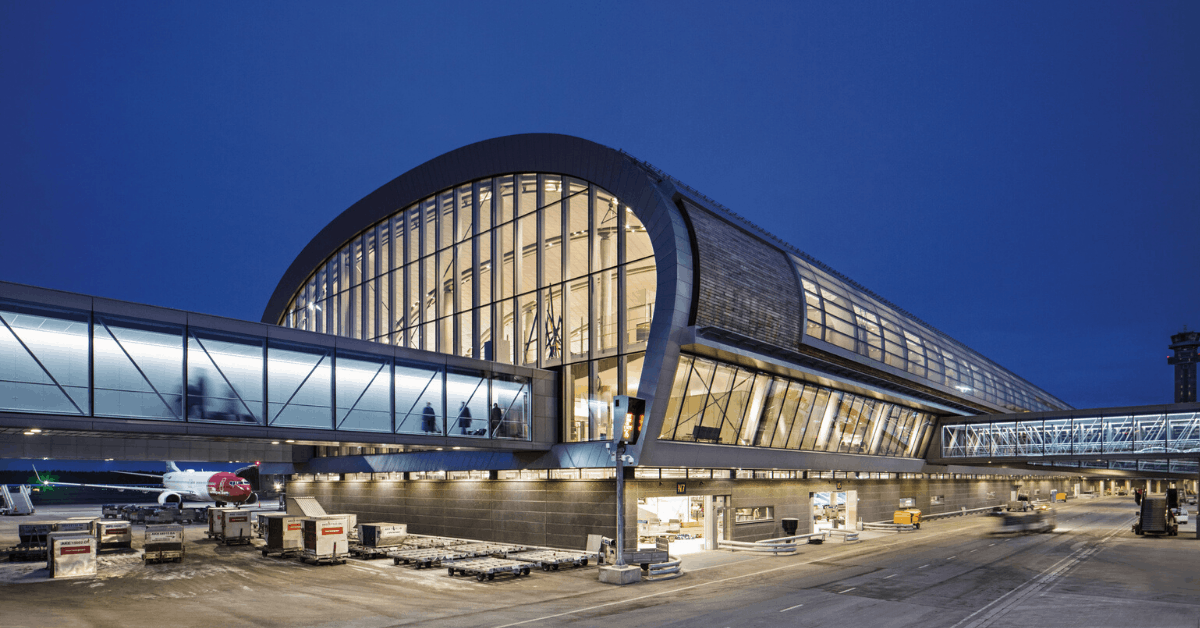 Exterior shot of the Oslo Airport Expansion T2. Image credit: Nordic — Office of Architecture/Ivan Brodey