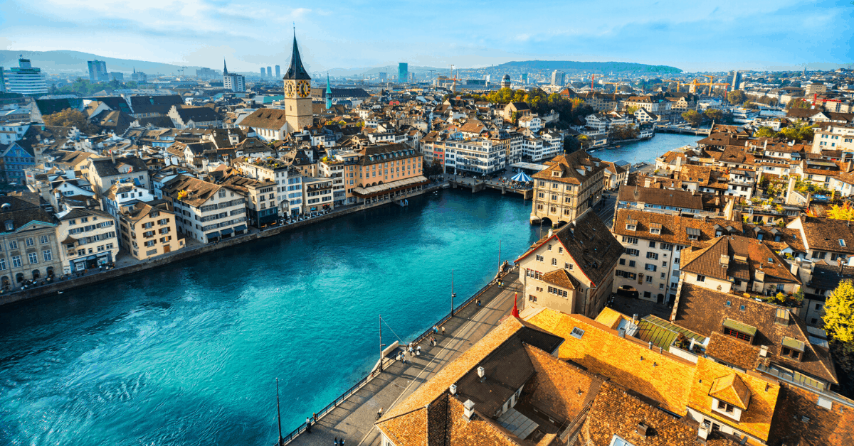 An aerial view of Zurich and the Limmat River. Image credit: AleksandarGeorgiev/iStock