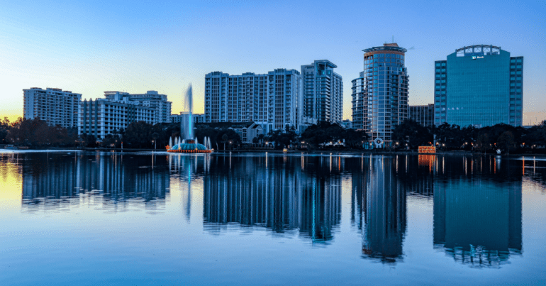 A view of the Orlando skyline over Lake Eola park