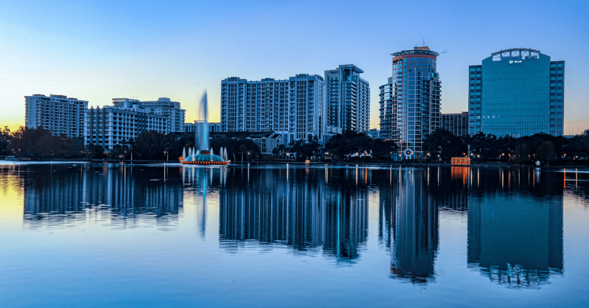 A view of the Orlando skyline over Lake Eola park.