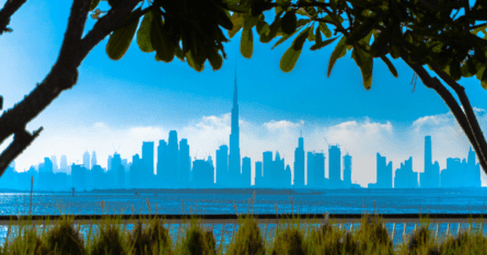 Dubai skyline from distance in sunlight