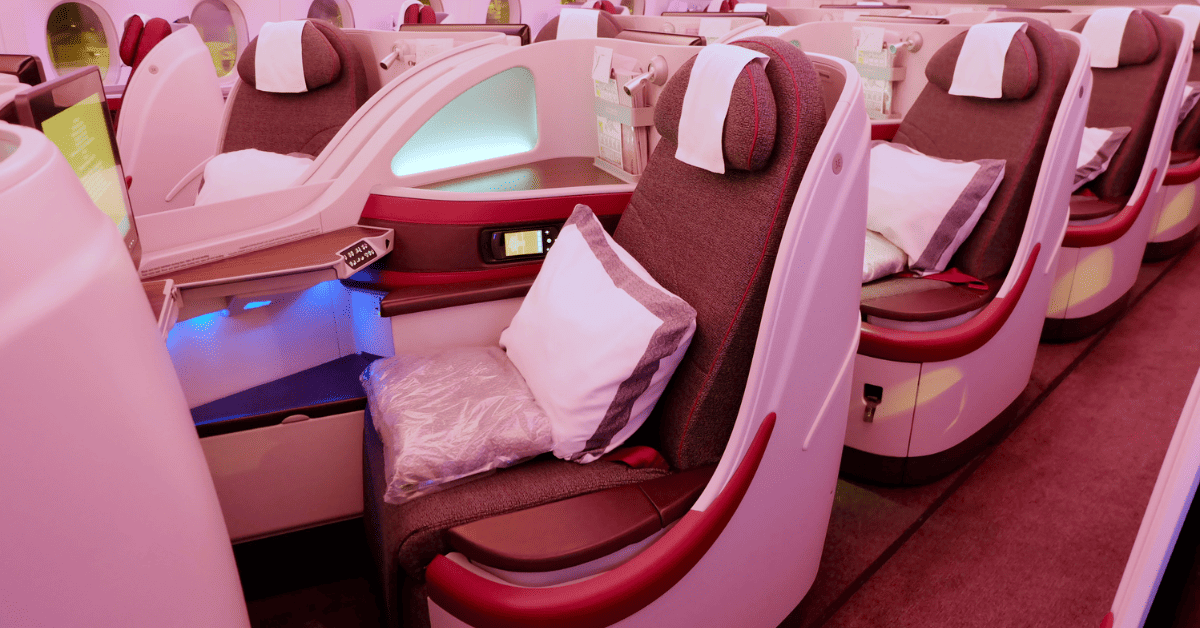 Inside of business class section of a plane