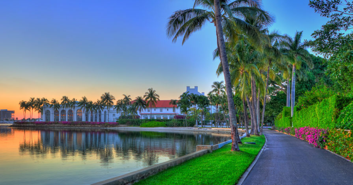 a body of water with palm trees and a building
