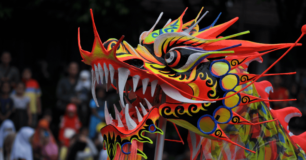 a colorful dragon head custom with sharp teeth