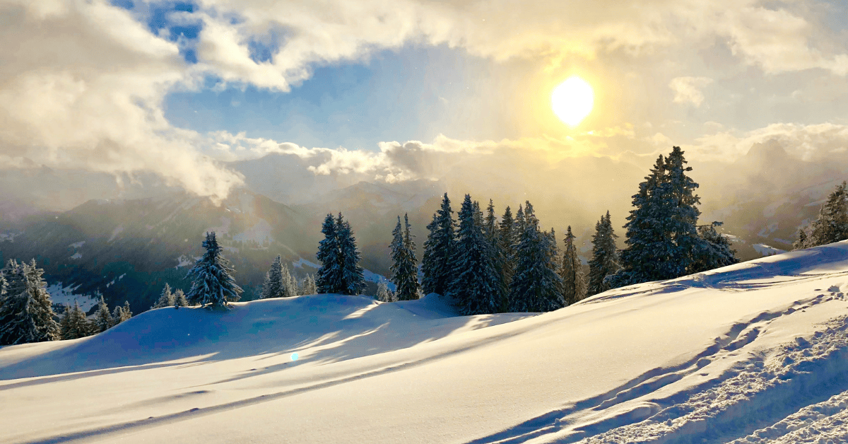 A sunlit snowy landscape with scattered clouds, glistening snow, and contrasting pine trees, creating a beautiful composition of light and shadow.