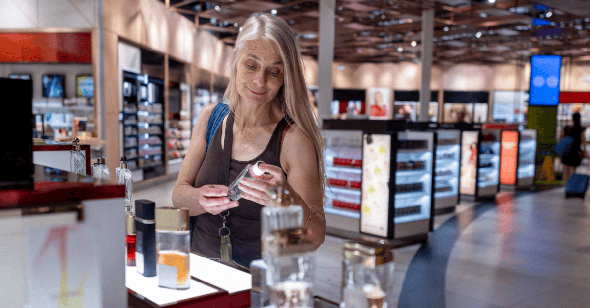 A woman examining a bottle of perfume.